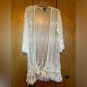 White Sheer Lace Kimono with Fringe